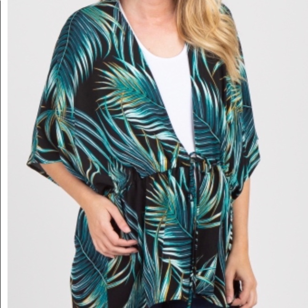 Black Palm Leaf Drawstring Waist Kimono